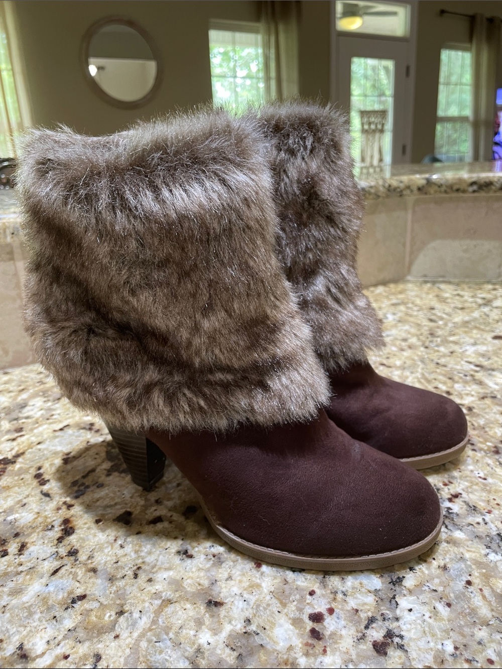 Avenue Brown Suede-Look Faux Fur Cuff Heeled Ankle Boots Size 9W